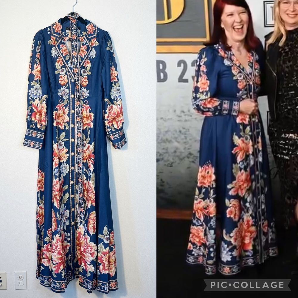 NWT Dalia MacPhee V-neck Long Sleeve Floral Border Print Maxi Dress Boho Chic S